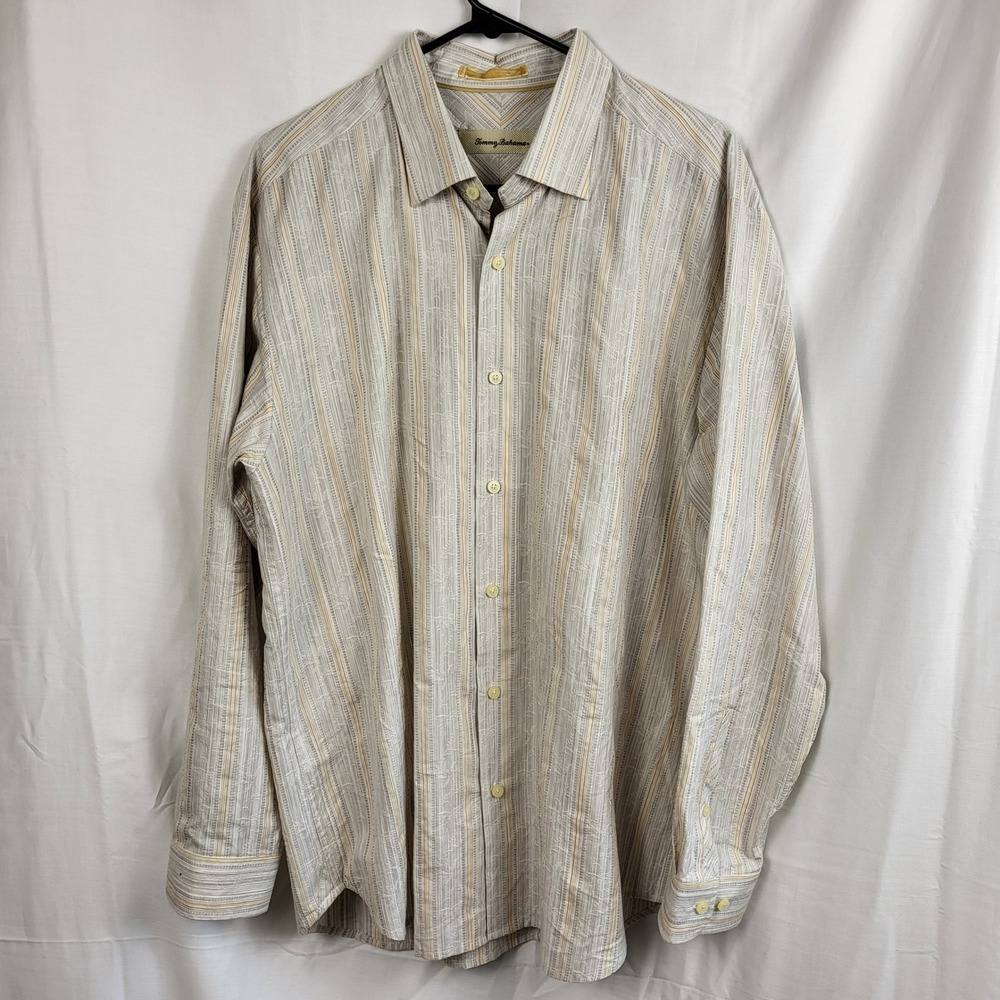 Tommy Bahama Large Silk Blend Button Front Beige Embroidered Stripe Long Sleeve